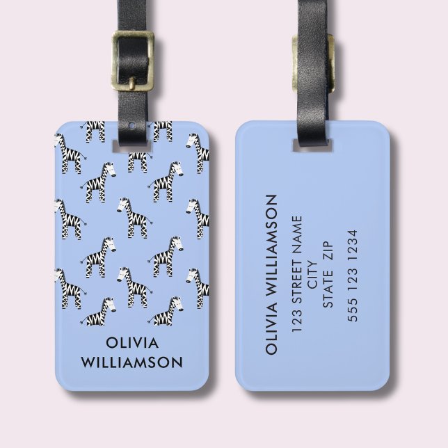 Zebra süße Kinder blau Gepäckanhänger (Kids zebra print blue  personalised luggage tag)