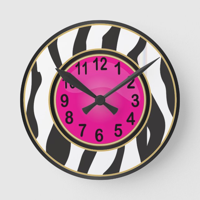 Zebra-Tierdruck mit Pink Runde Wanduhr (Vorderseite)