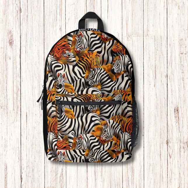 Zebra Tiger Animal Skin Pattern Modernes Monogramm Bedruckter Rucksack (Von Creator hochgeladen)