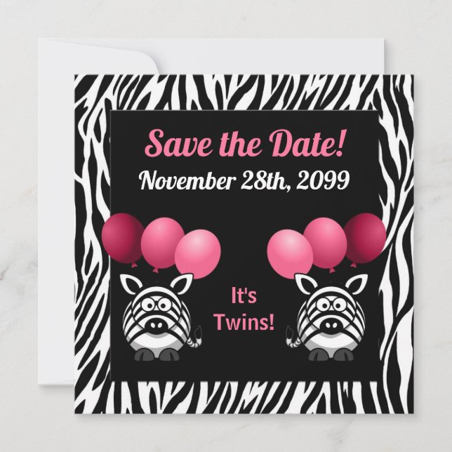 Zebra Twin Girls Babydusche Save the Date (Vorderseite)