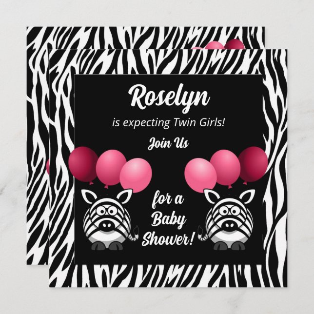 Zebra Twins Pink Girls Baby Dusche Einladung (Vorne/Hinten)