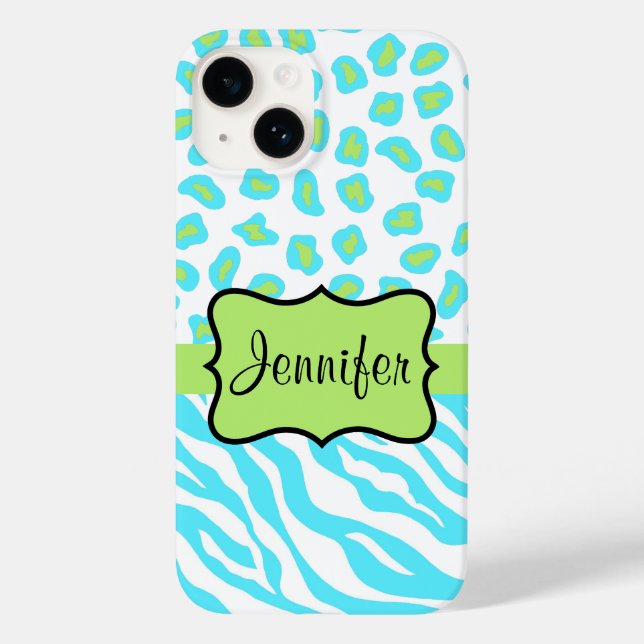 Zebra und Cheetah Skin Türkis Blue Green Name Case-Mate iPhone Hülle (Rückseite)