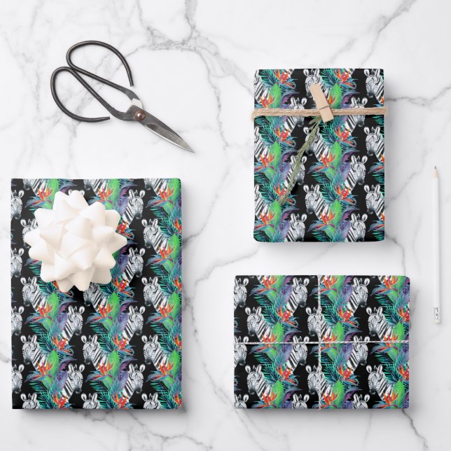 Zebra- und Exotic-Blume-Muster Geschenkpapier Set (Vorderseite)