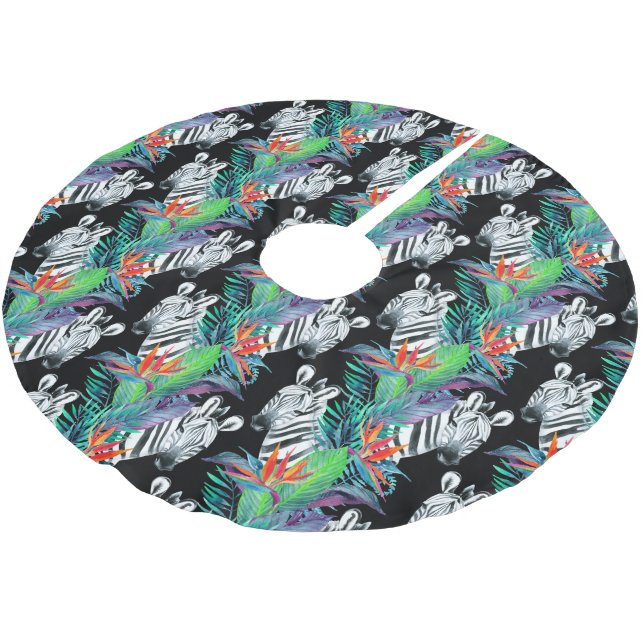 Zebra- und Exotic-Blume-Muster Polyester Weihnachtsbaumdecke (Schrägansicht)