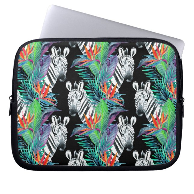 Zebra und exotisches Blumen-Muster Laptopschutzhülle (Vorderseite)