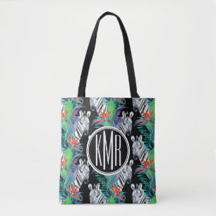 Zebra und exotisches Monogramm des Blumen-Muster- 