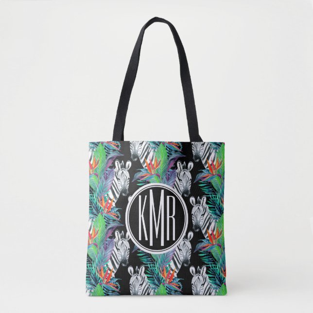 Zebra und exotisches Monogramm des Blumen-Muster-| (Vorderseite)