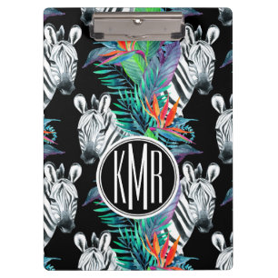 Zebra und exotisches Monogramm des Blumen-Muster- Klemmbrett
