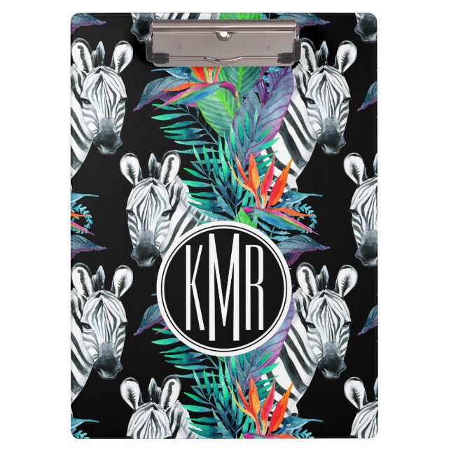 Zebra und exotisches Monogramm des Blumen-Muster-| Klemmbrett (Vorderseite)