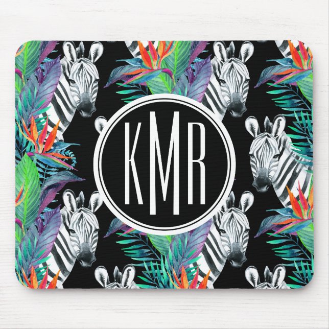 Zebra und exotisches Monogramm des Blumen-Muster-| Mousepad (Vorne)