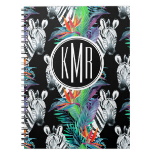 Zebra und exotisches Monogramm des Blumen-Muster-  Notizblock