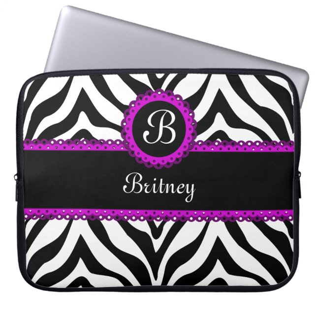 Zebra und lila Spitze-Monogramm-Laptop-Hülse Laptopschutzhülle (Vorderseite)