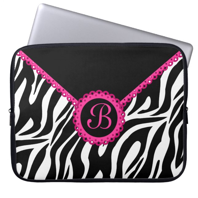 Zebra und rosa Spitze-Monogramm Laptopschutzhülle (Vorderseite)