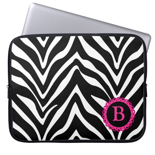 Zebra und rosa Spitze-Monogramm Laptopschutzhülle (Vorderseite)