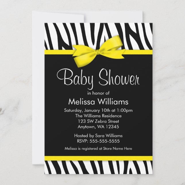 Zebra Yellow Printed Bow Baby Shower Einladungen (Vorderseite)