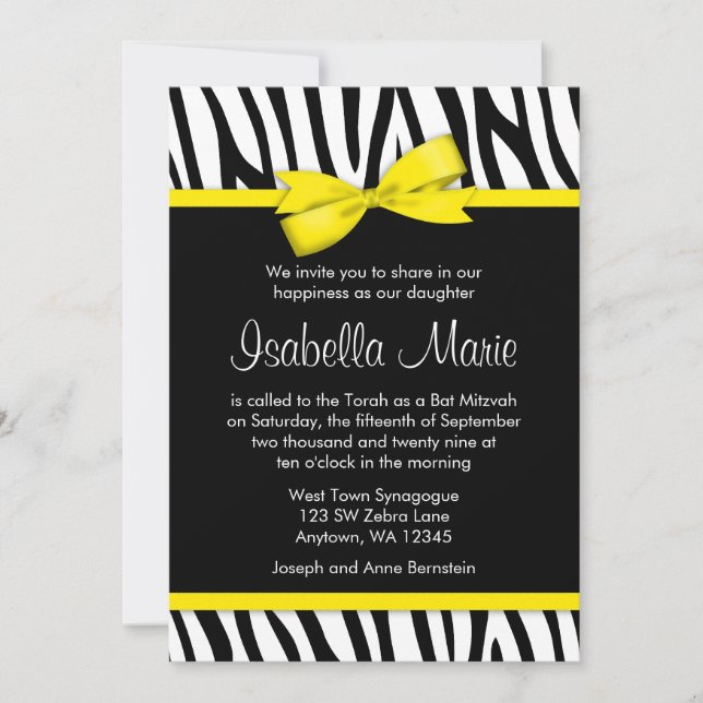 Zebra Yellow Printed Bow Bat Mitzvah Einladungen (Vorderseite)