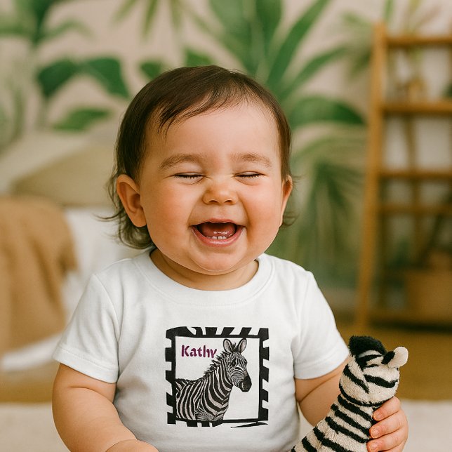 Zebra Zoo Animal Baby Girl T - Shirt (Personalized tee with zebra toy perfect for playful toddlers in pink jeans and happy giggles!)