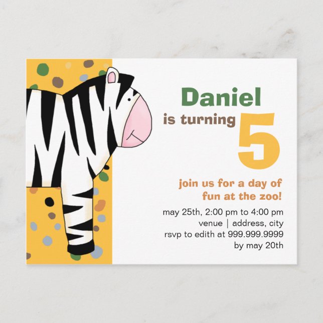 Zebra zum Geburtstag Einladungspostkarte (Vorderseite)