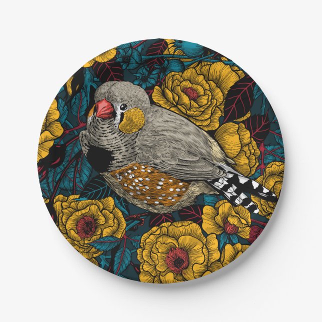 Zebrafinch und Rose Pappteller (Vorderseite)