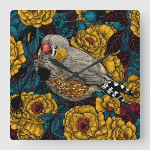 Zebrafinch und Rose Quadratische Wanduhr