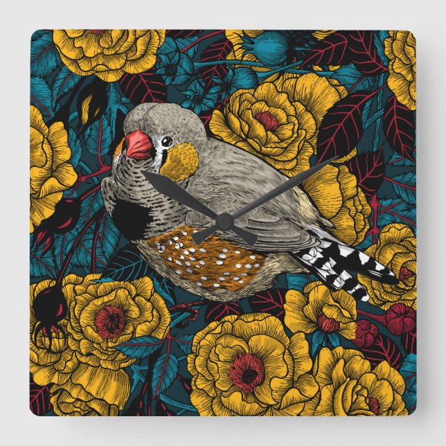 Zebrafinch und Rose Quadratische Wanduhr (Vorderseite)
