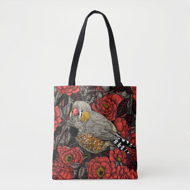 Zebrafinch und rote Rose (Vorderseite)