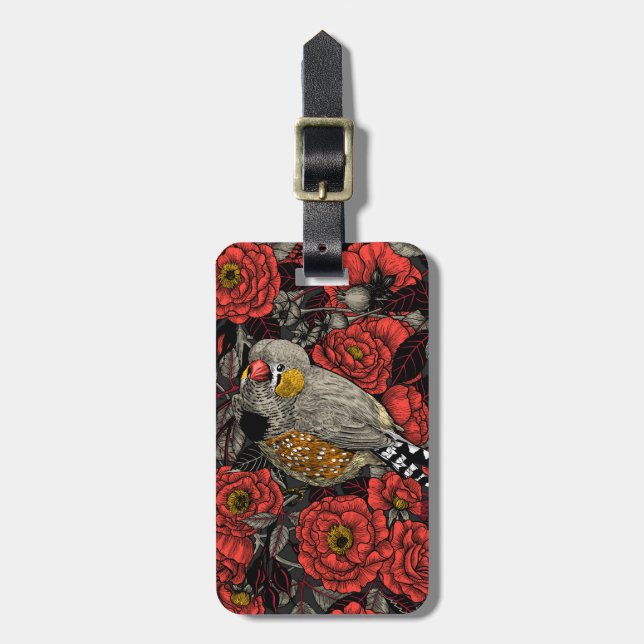Zebrafinch und rote Rose Gepäckanhänger (Vorderseite vertikal)