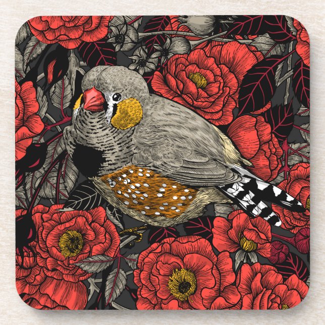 Zebrafinch und rote Rose Getränkeuntersetzer (Vorderseite)