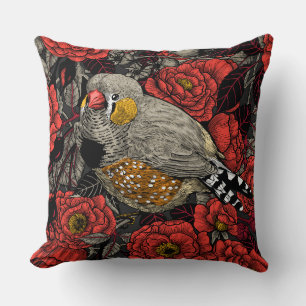 Zebrafinch und rote Rose Kissen