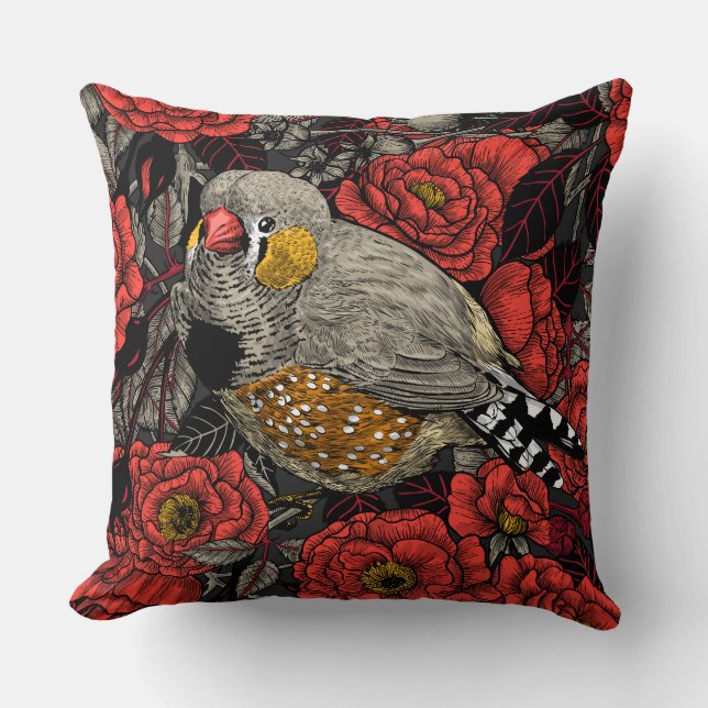 Zebrafinch und rote Rose Kissen (Vorderseite)