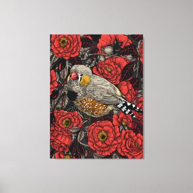 Zebrafinch und rote Rose Leinwanddruck (Vorderseite)
