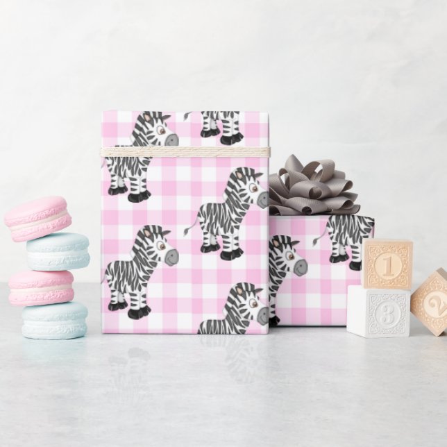 Zebras auf Pink Gingham Geschenkpapier (Babyparty)