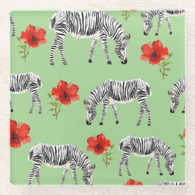 Zebras unter Hibiskus-Blumen Glasuntersetzer (Vorderseite)
