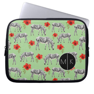 Zebras unter Monogramm der Hibiskus-Blumen-  Laptopschutzhülle