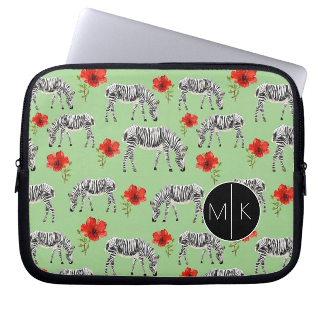 Zebras unter Monogramm der Hibiskus-Blumen-| Laptopschutzhülle (Vorderseite)