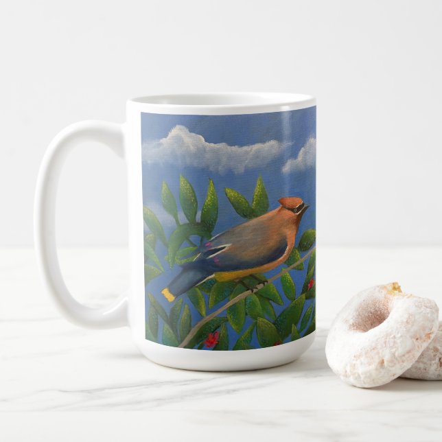 Zedernseidenschwanz-Vogel Kaffeetasse (Mit Donut)