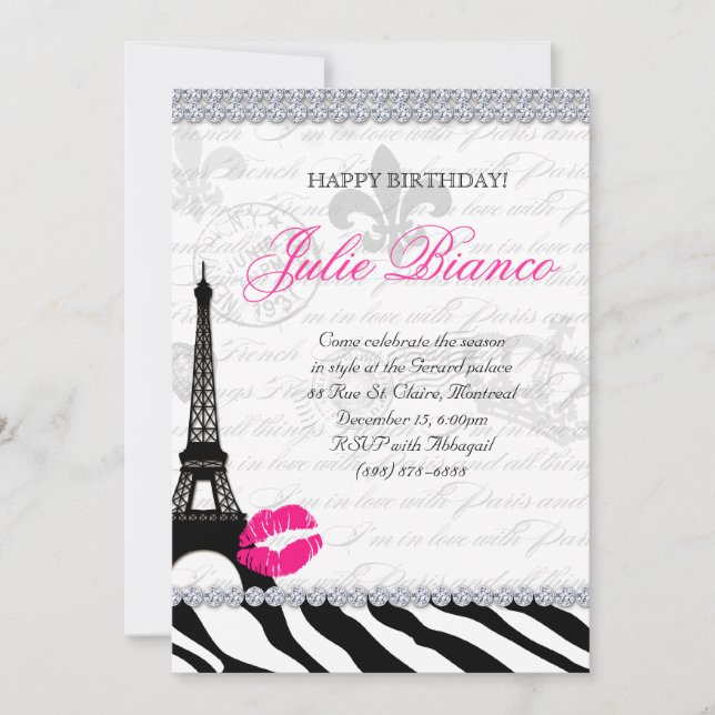 Zees Birthday Party Paris Card Eiffel Tower Zebra Einladung (Vorderseite)