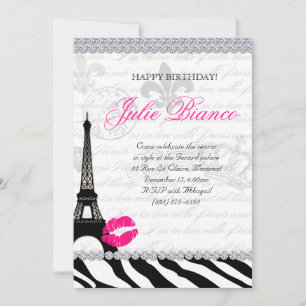 Zees Birthday Party Paris Card Eiffel Tower Zebra Einladung