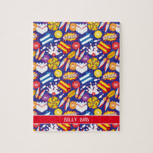 Zehn Button Bowling Shirt Schuhe Pizza und Strikes Puzzle