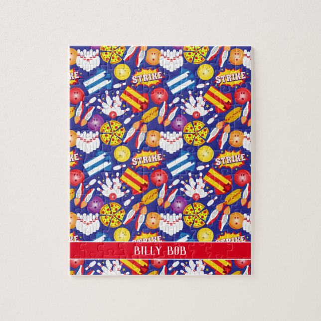 Zehn Button Bowling Shirt Schuhe Pizza und Strikes Puzzle (Vertikal)