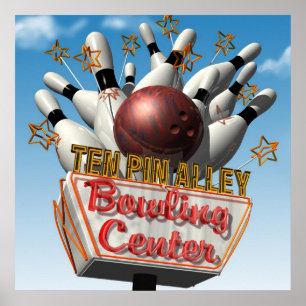 Zehn Pin Alley Bowling Retro Neon-Schild Poster
