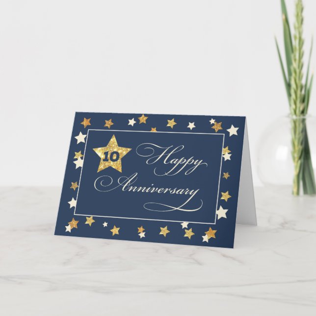 Zehnte Anniversary Navy Gold Effect Stars Karte (Vorderseite)