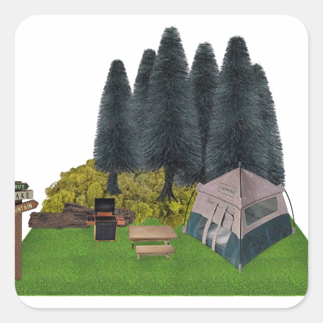 Zehntes Camping im Wald Quadratischer Aufkleber (Vorderseite)