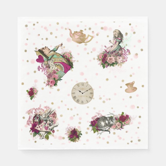 Zeichen der Alice im Wunderland auf Weiß und Glitz Serviette (Vorderseite)