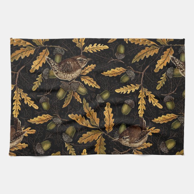 Zeichen und Eicheln auf schwarz Geschirrtuch (Horizontal)