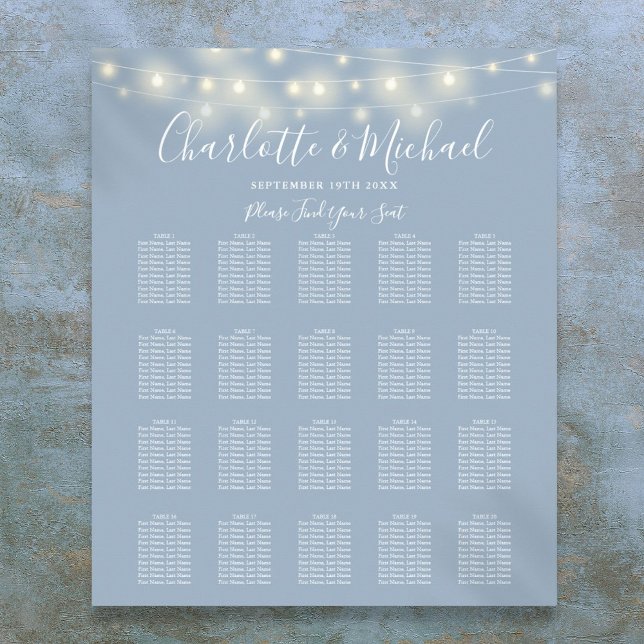 Zeichenketten Hochzeitsdiagramm Poster (String Lights Dusty Blue Wedding Seating Chart)