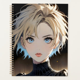 Zeichentrickfigur mit blauen Augen und schwarzem S Planer