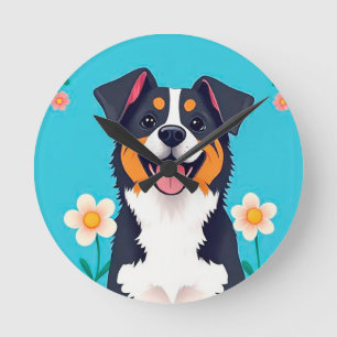 Zeichentrickhund umgeben von Blumen Runde Wanduhr