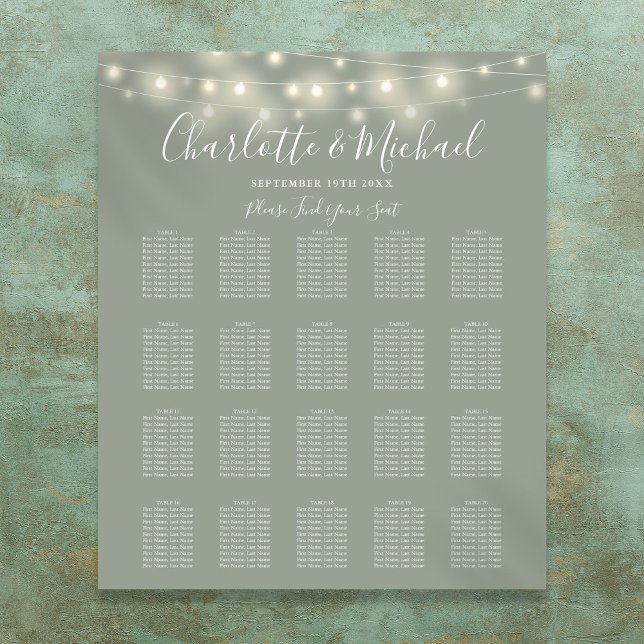 Zeichentrickleuchten zeigen grüne Hochzeitstabelle Poster (String Lights Sage Green Wedding Seating Chart)