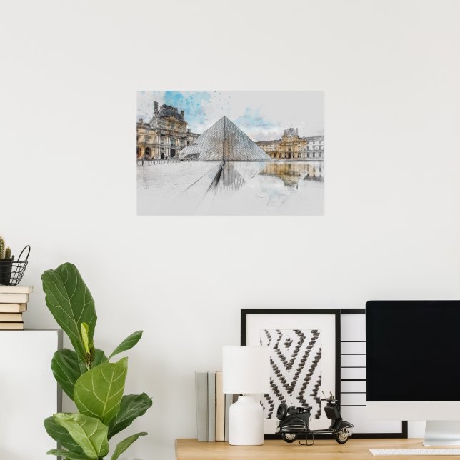 Zeichn der Wasserfarbe des Louvre Paris, Frankreic Poster (Heimbüro)